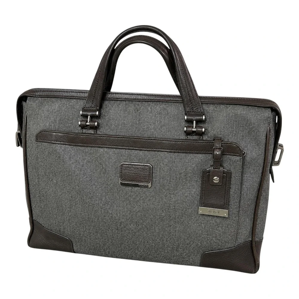 TUMI Gray Brown Leather Trim Laptop Briefcase Messenger Business Travel Bag